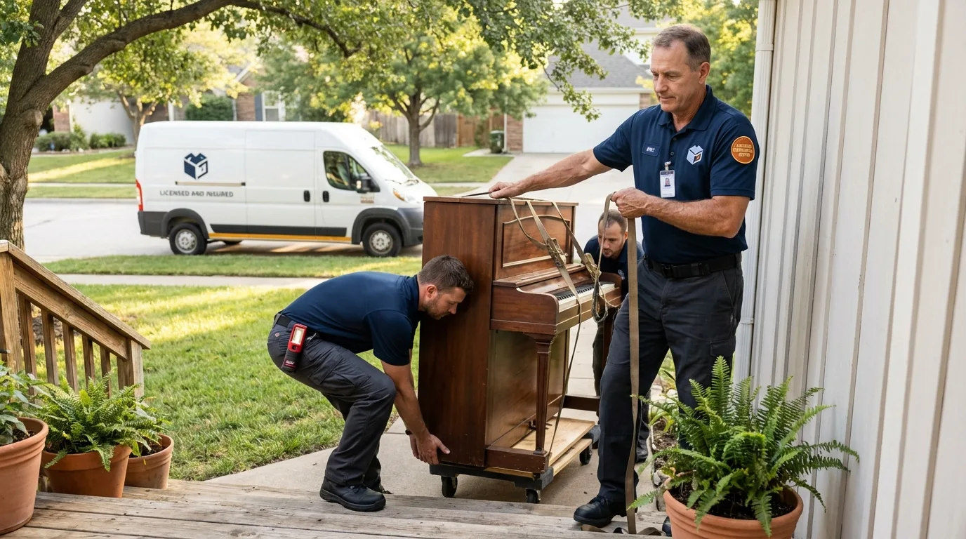 Licensed piano movers securing grand piano in Rawlins, WY