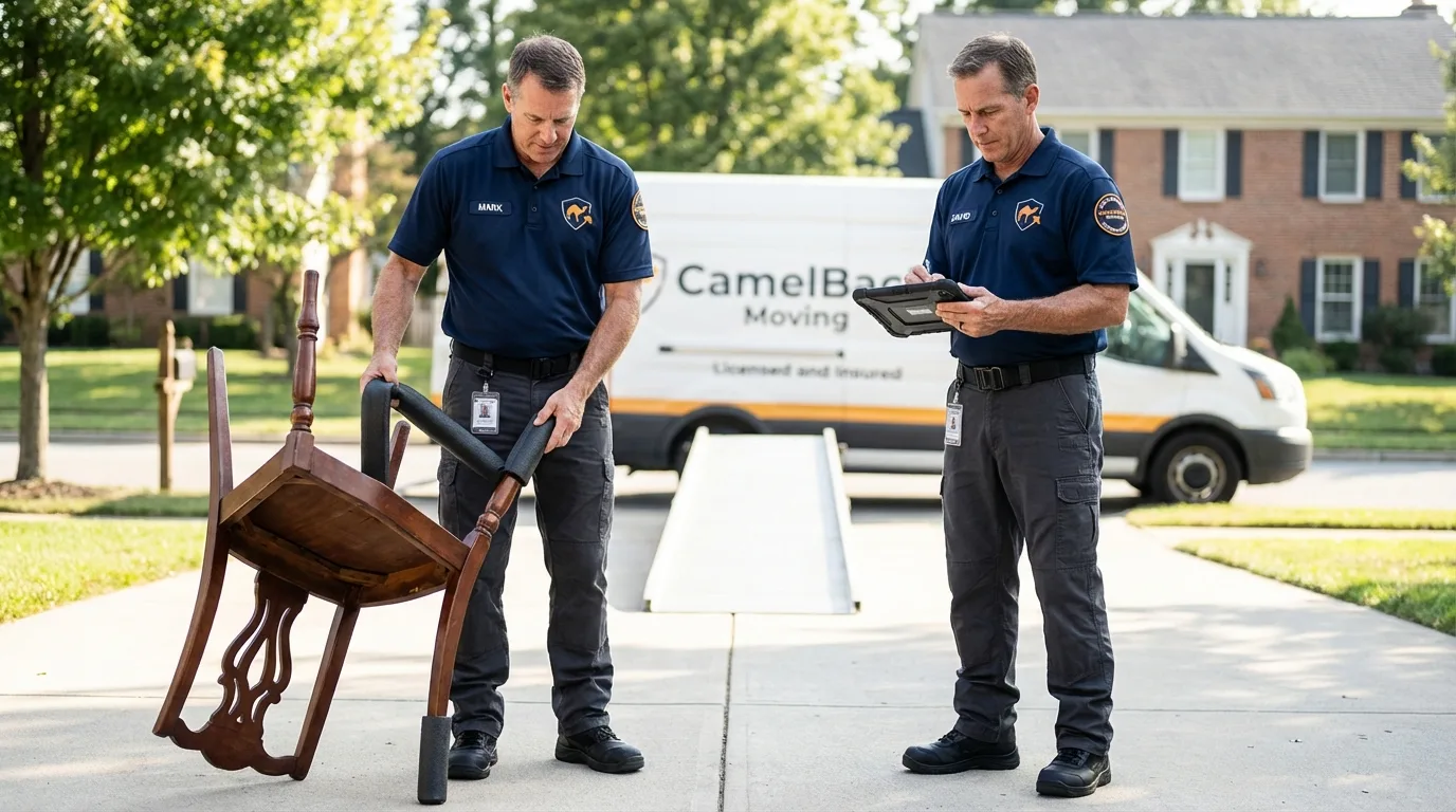 Movers inspecting furniture for damage prevention before loading in Rawlins, WY